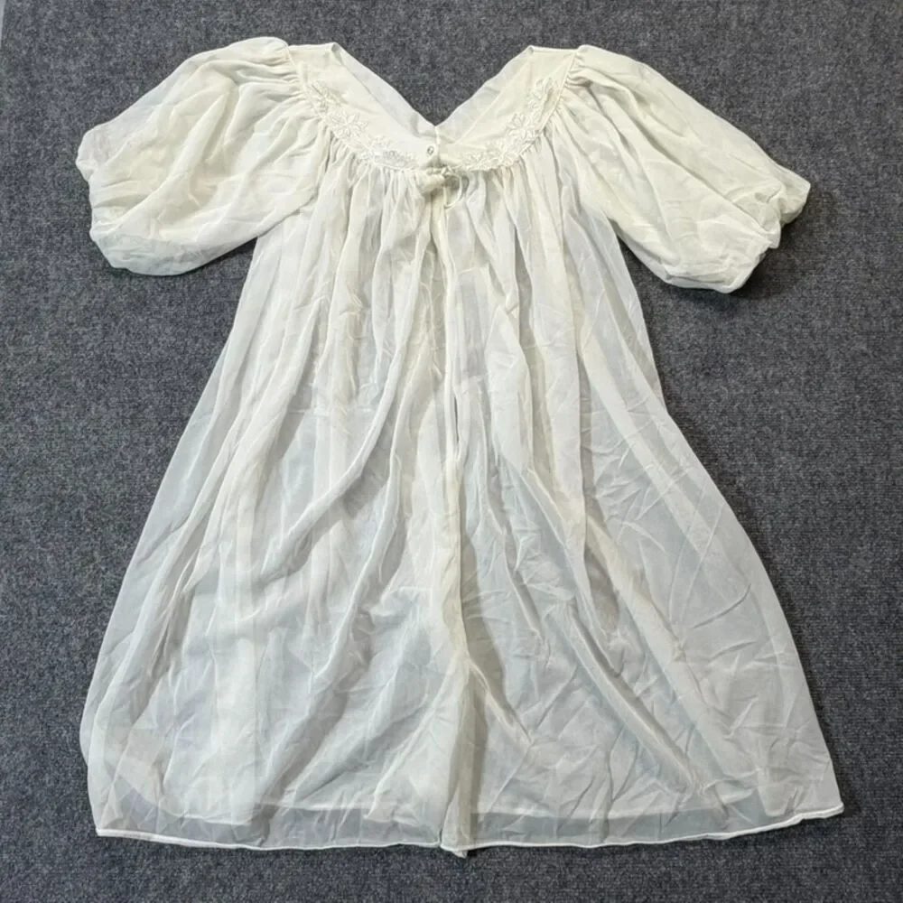 Women’s White Sheer Peignoir Robe Floral Embroidered Puff Sleeve Bridal Vintage